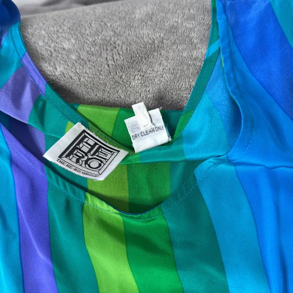 VTG 80s 90s Colorful Colorblock Striped Silk Tank Top Size 14 Dopamine Casual - Picture 5 of 11